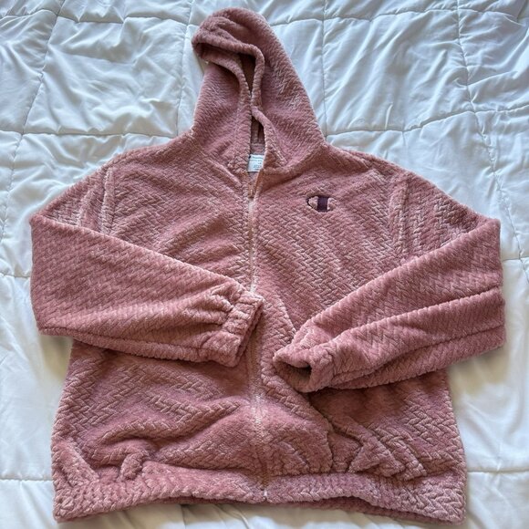Champion Womens Size Large Sherpa Hood Full Zip Jacket Pink Pockets Winter Fall - Picture 1 of 9